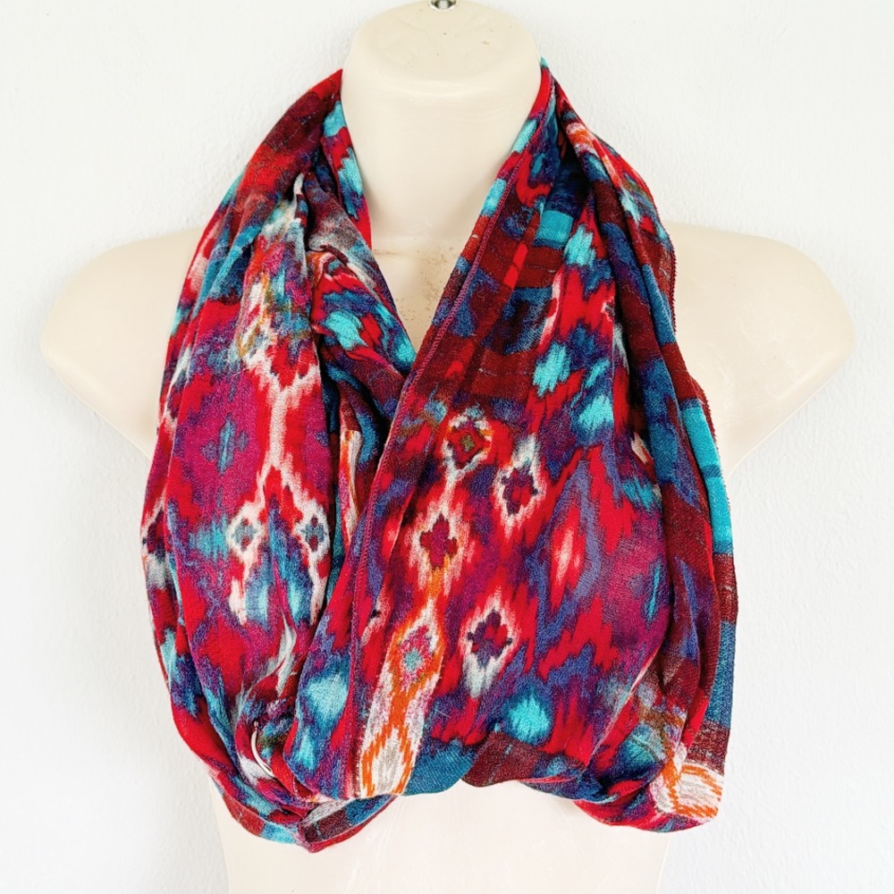 Belle Du Jour colorful red blue tribal print lightweight infinity style scarf